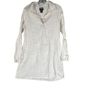 Jones & Co Jones New York M White 100% Linen Roll Tab Sleeve Tunic Shirt Womens